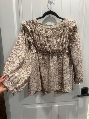 Cream Floral Ruffle-Smock Blouse with Long Puff Sleeves